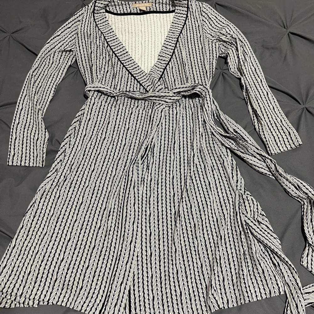 Elegant Black and White Striped Wrap Dress